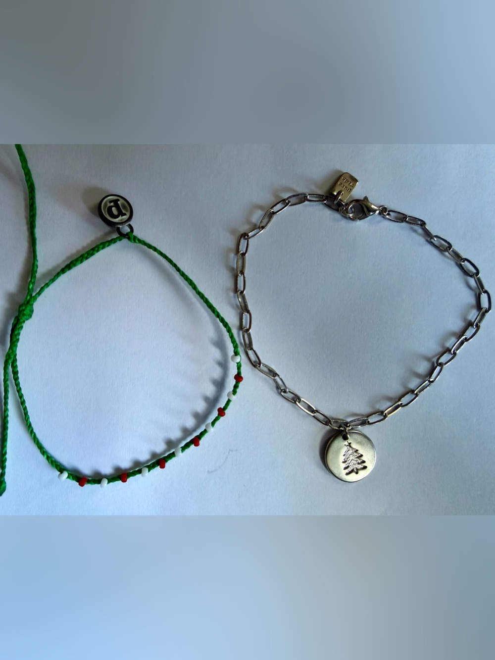 Pura Vida Green Braided Bracelet with Red Beads & Silver Chain Bracelet